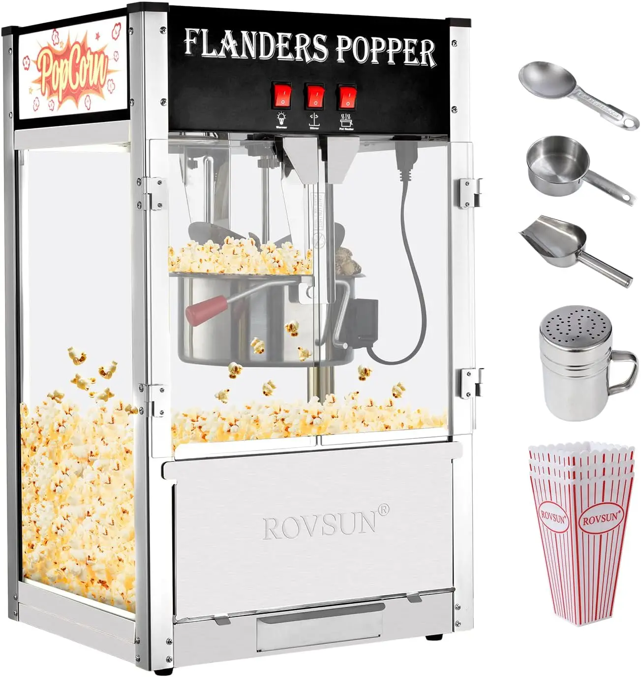 ROVSUN Popcorn Machine with 12 Ounce Kettle Makes, Countertop Popcorn Maker w/Stainless Steel Scoop, Oil Spoon & 3 Popcorn Cups