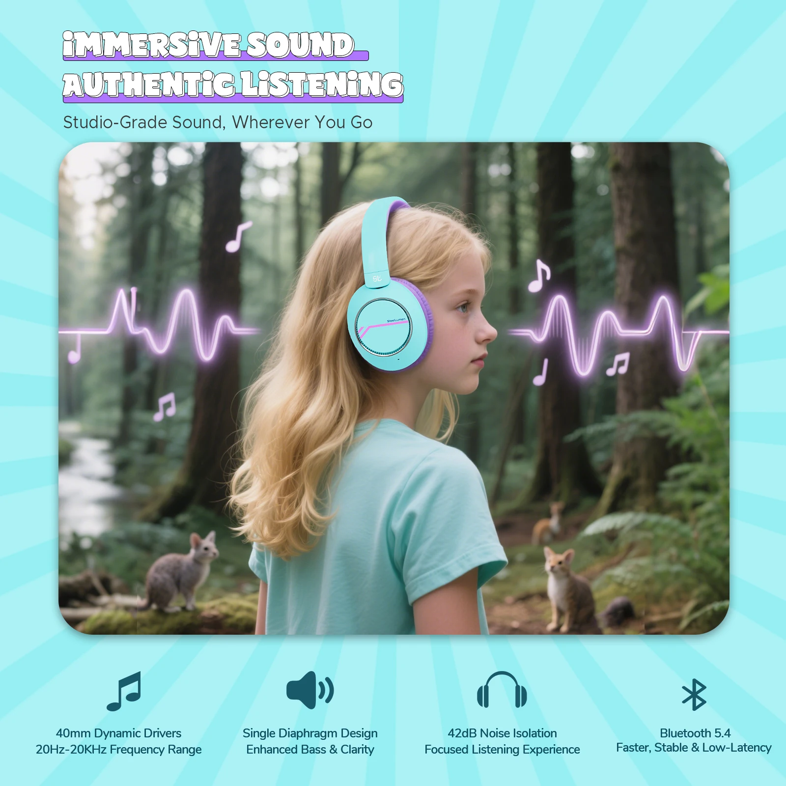 Kabellose Bluetooth-Kopfhörer für Kinder, aktive Geräuschunterdrückung, sichere Lautstärke, faltbares Headset mit Mikrofon für Kinder und Teenager – Detail 7