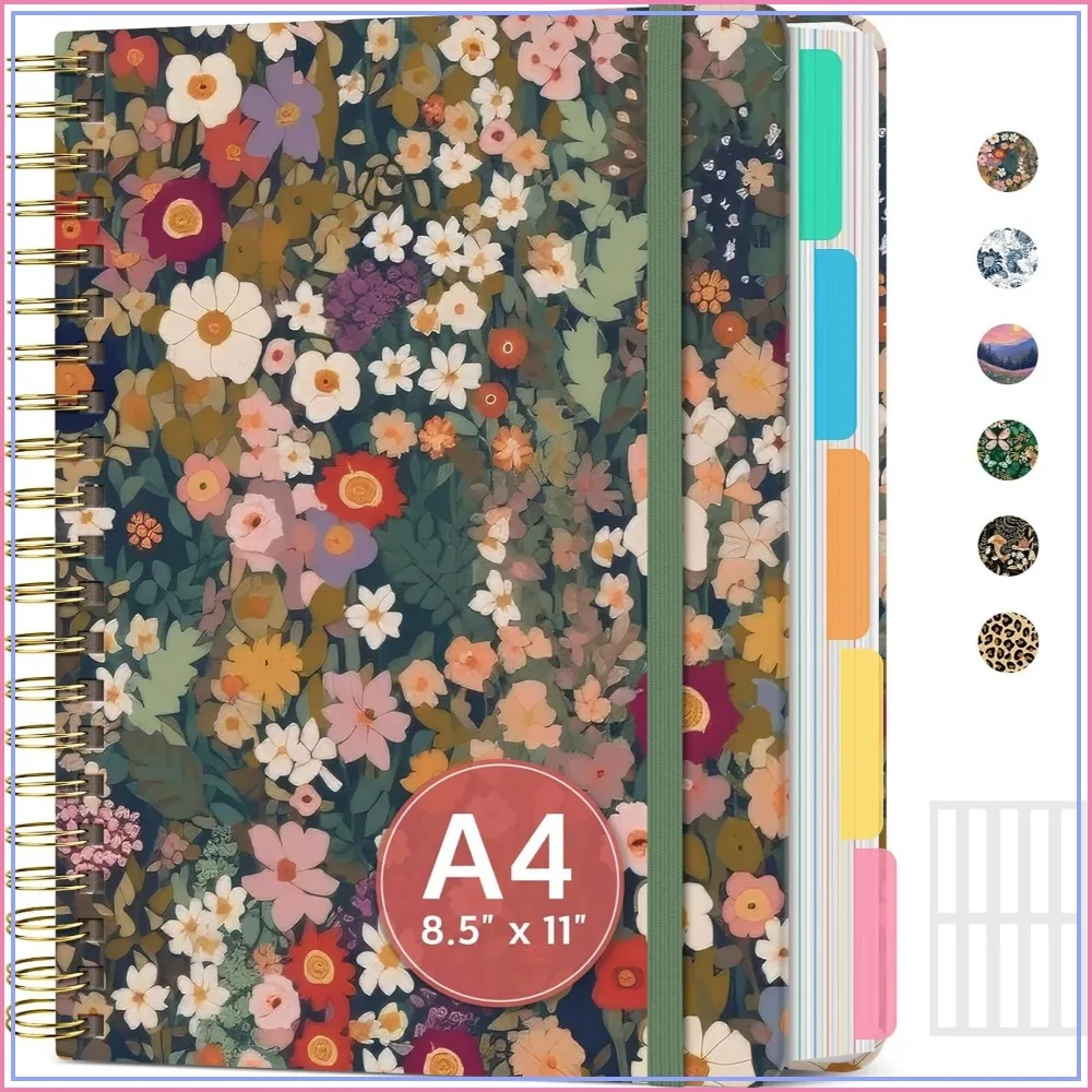 Large 5-Subject Spiral Notebook, Hardcover, 8.5x11, 280 Pages, College Ruled, Dividers & Tabs, Cute Garden Design