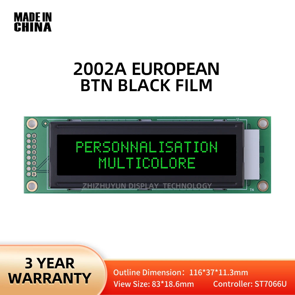 LCD 2002A European Character Display BTN Black Film Green Text ST7066U Controller 2.6-Inch Multi Language Font Library