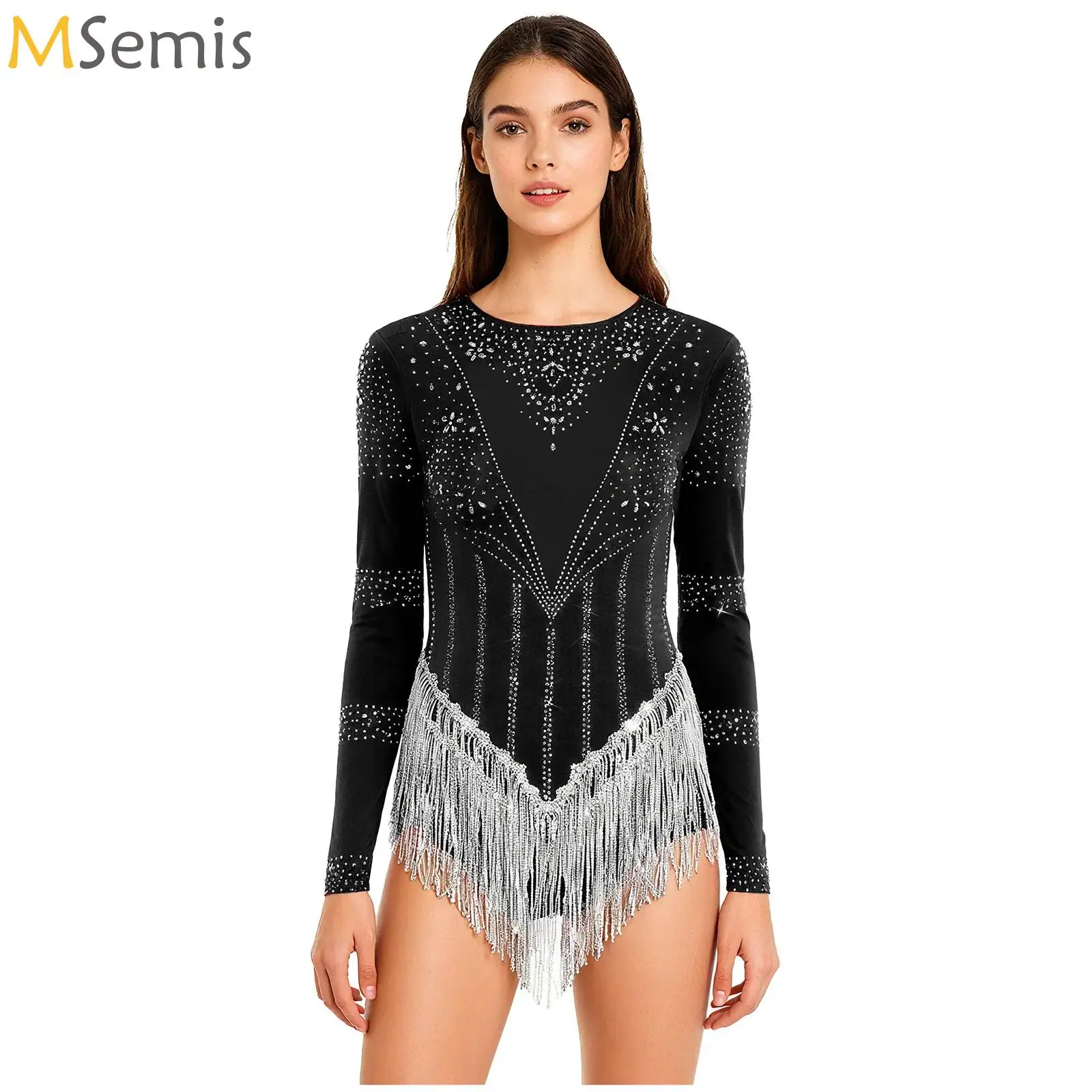 

Women Latin Dance Leotard Dress Dancewear Rhinestone Cha-cha Samba Tango Costumes Sheer Mesh Tassel Fringe One Piece Bodysuit