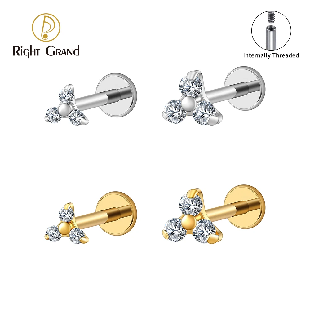 Right Grand ASTM F136 Titanium 16G Triple CZ Cartilage Helix Earring Trinity CZ Tragus Stud Conch Earlobe Lip Piercing Jewelry