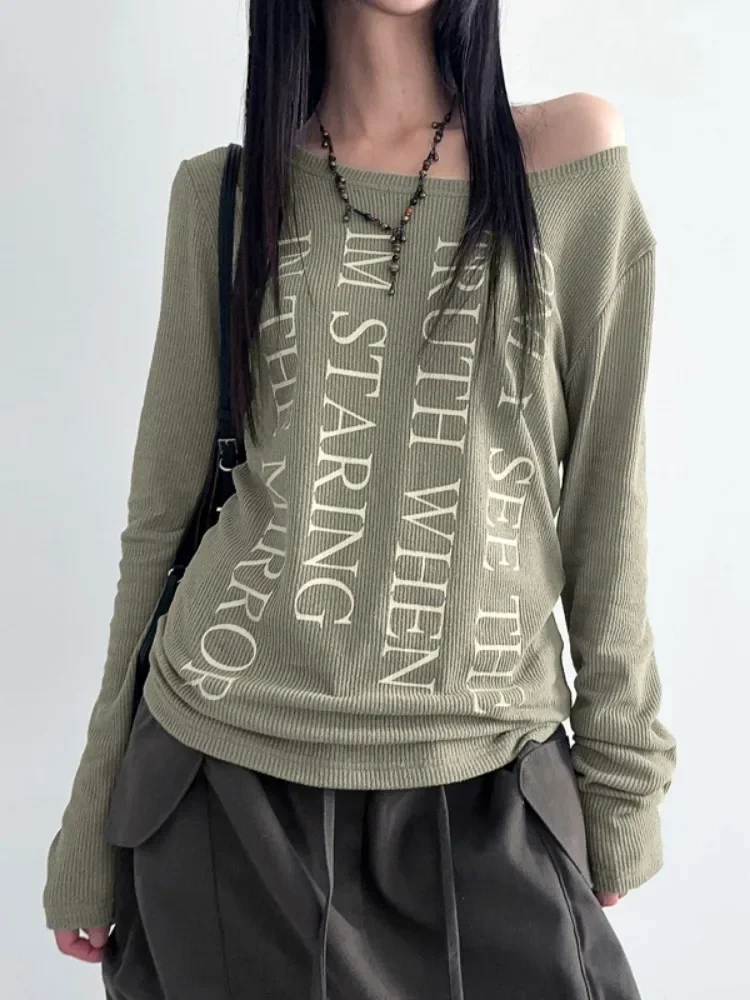 

Y2k Эстетические винтажные повседневные футболки с разрезом на шее, уличная одежда, футболки в стиле гранж с буквенным принтом, женские простые осенние футболки в стиле Харадзюку 2024, осень