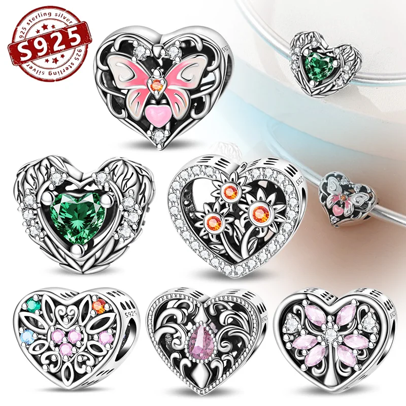 

925 Sterling Silver Heart-shaped series Zircon bead necklace Pendant Beads Fit Charm Bracelet for Women Fine Jewelry Making