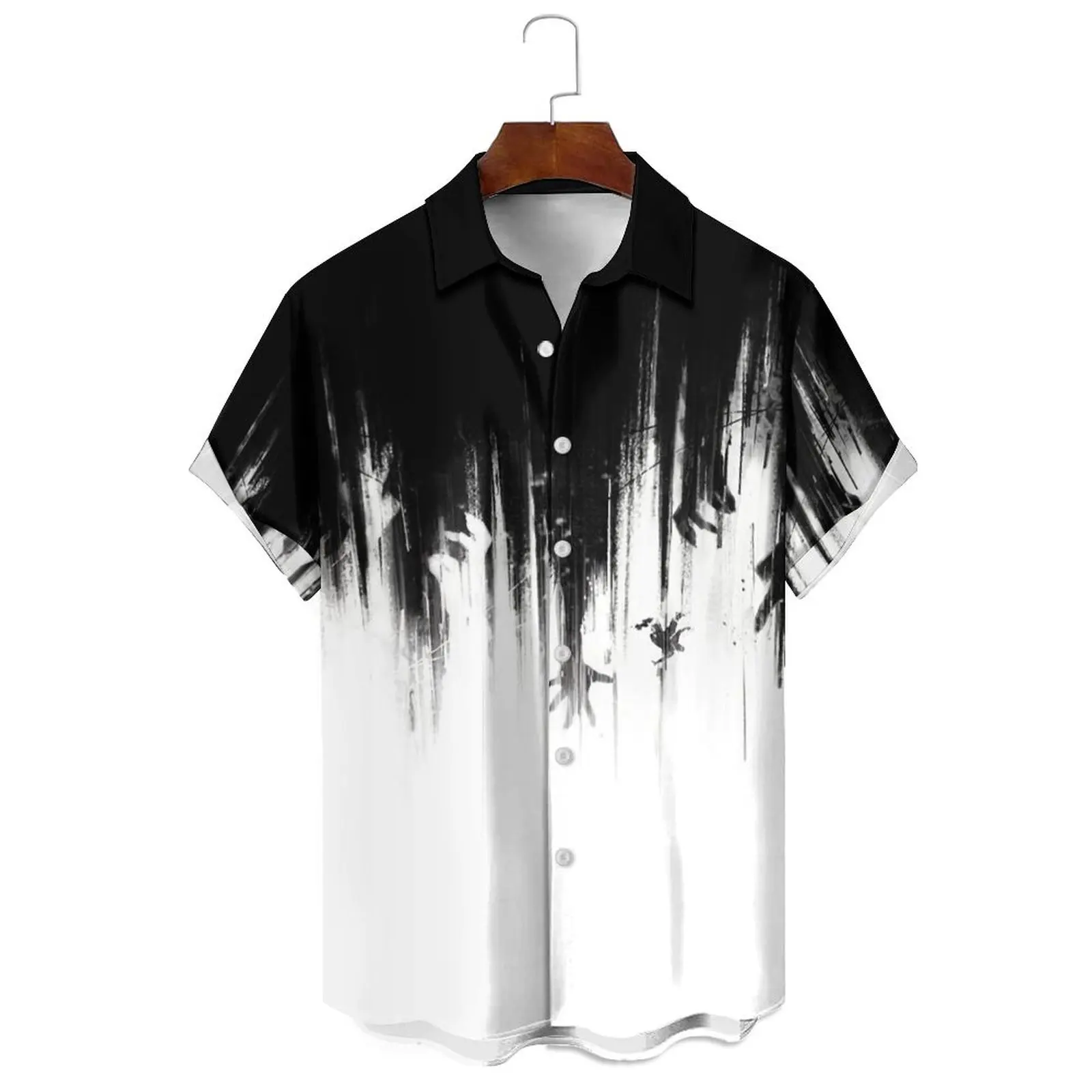 

Summer Fashion Men Breathable Solid Color Loose Simple Neckline Irregular Black And White Color Print Casual Short-Sleeved Shirt