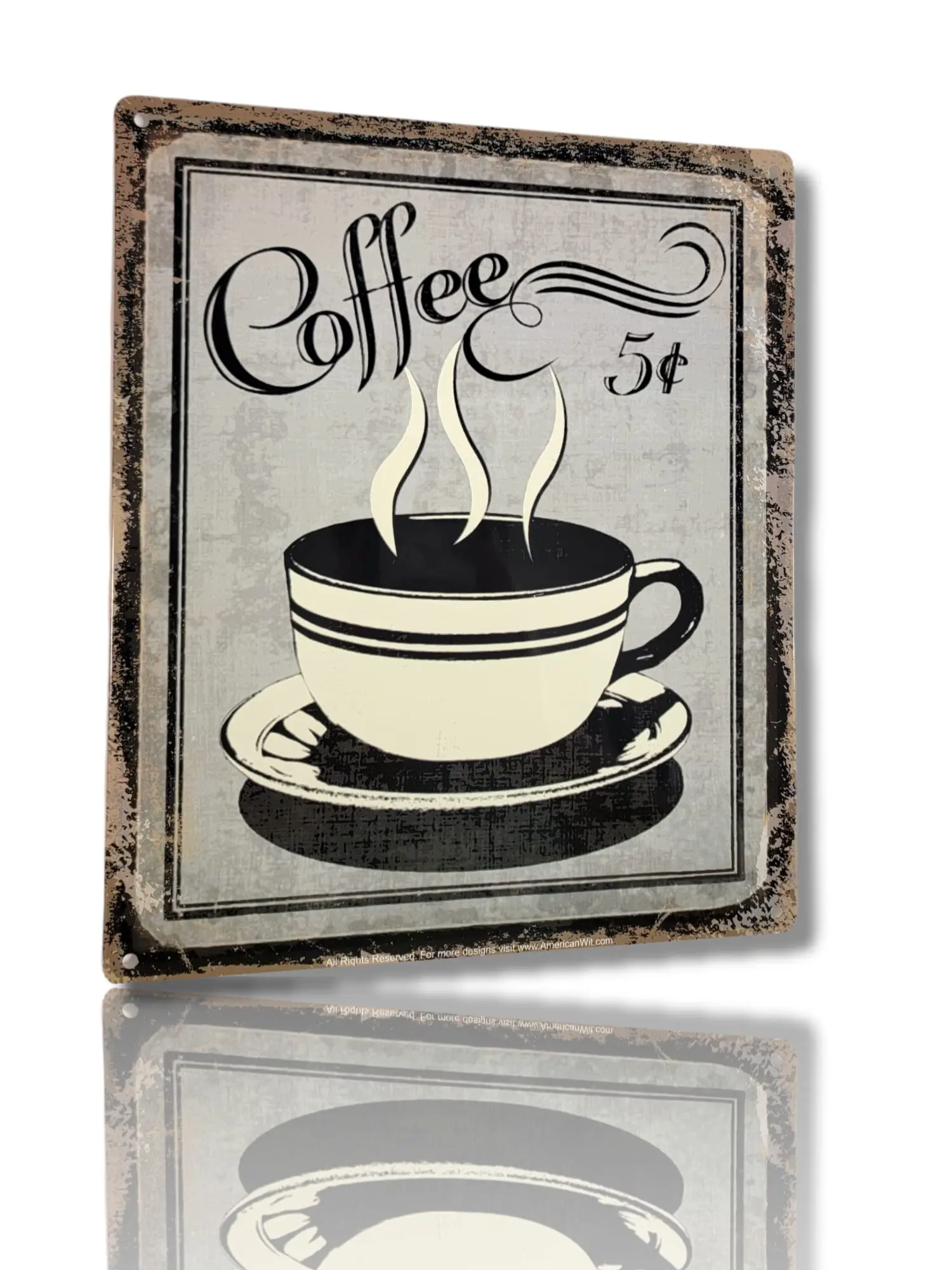 Vintage Wall Decor w/ Coffee Design, Retro 12 x 9 'Coffee for 5 Cents' Metal Sign, Vintage Tin Signs for Coffee Lovers