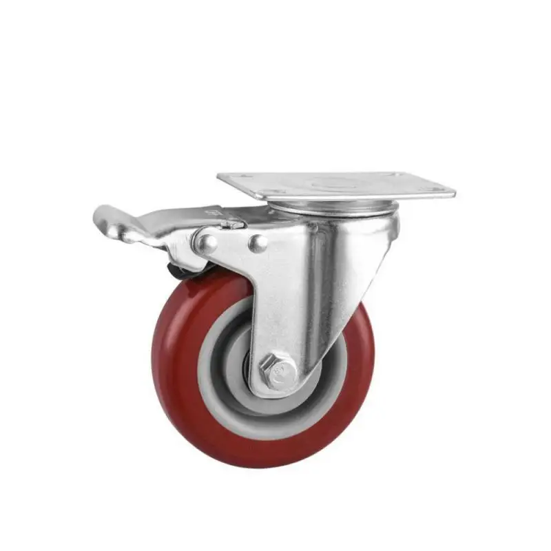 1 Pc Packing 5 Inch Universal Caster With Brake Medium Jujube Red Double Bearing Pvc Flat Bottom Movable Roller Storage Cage