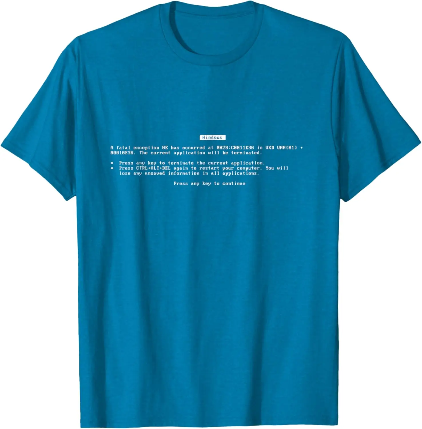 

Blue Screen of Death BSoD Fatal Exception Geek Graphic T-Shirt Soft Cotton Crew Neck Tee