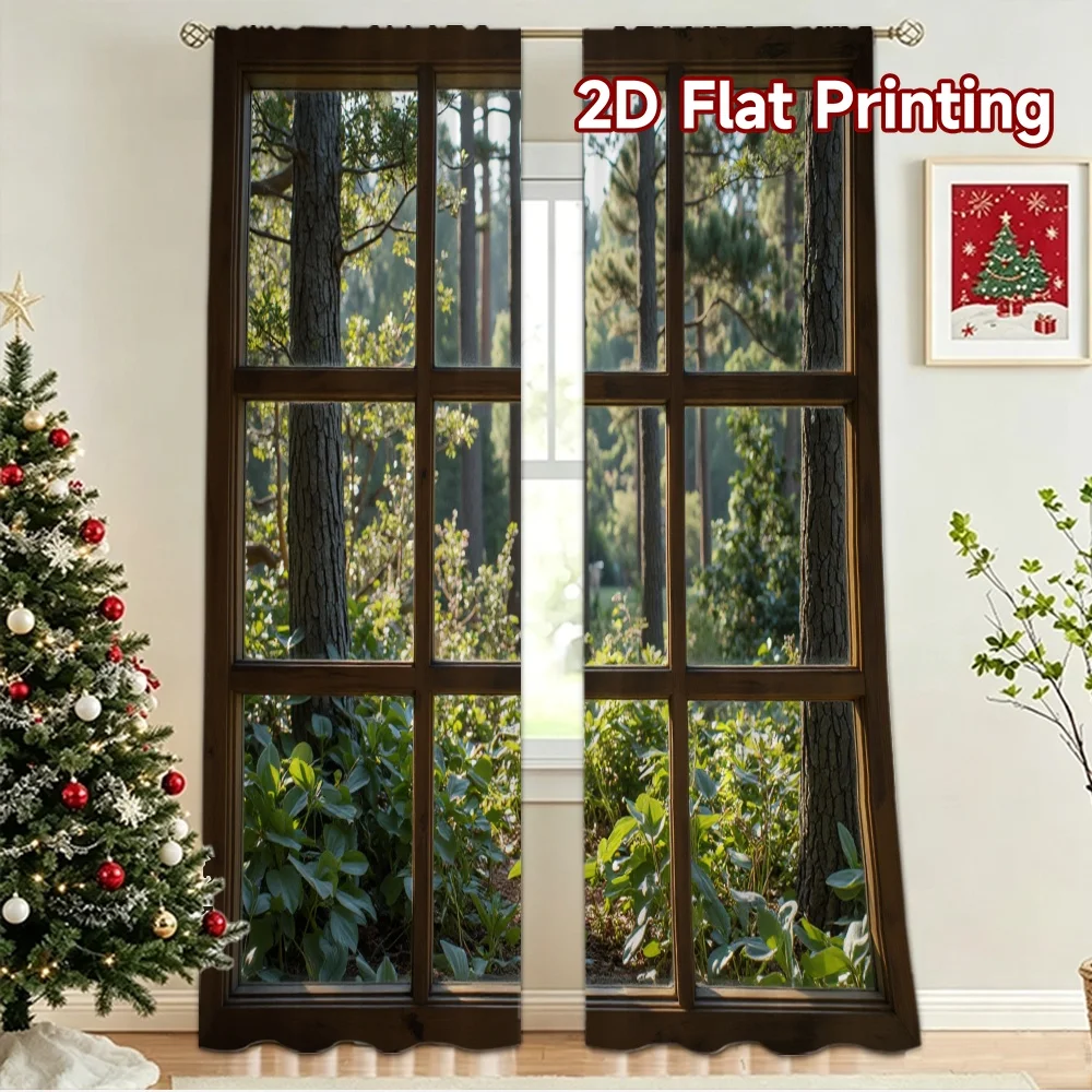 2D flat 2pcs Curtain Home Short Curtains Forest View Digitally printed polyester Party Decorations Use for Bedroom Office Living