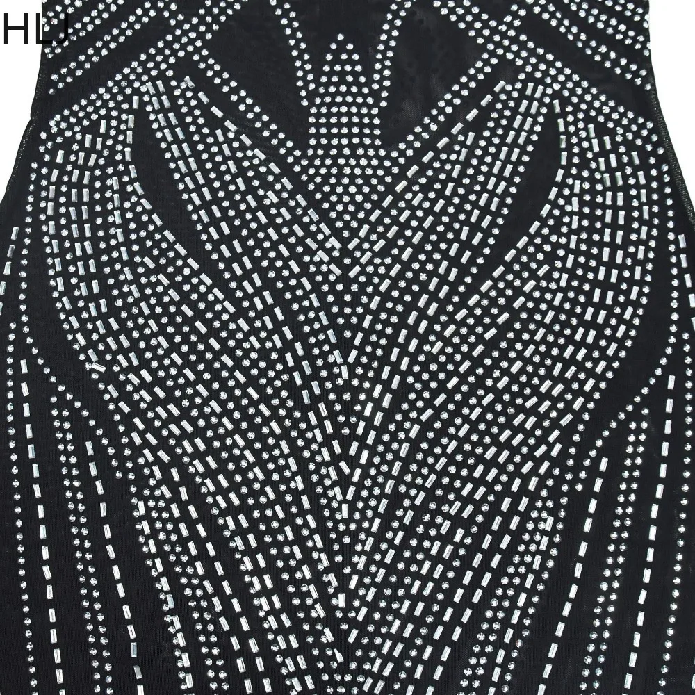 HLJ Fashion Luxury Rhinestones Bodycon Evening Party Spaghetti Strap Long Dress Women V Neck Sleeveless Sleeveless Slim Vestidos