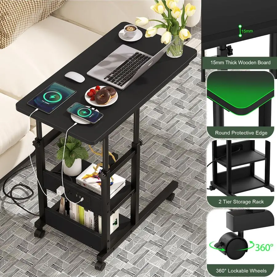 C Shaped End Table Height Adjustable Couch Side Table with Charging Station, TV Tray with Wheels Slide Under Sofa for Small Spac