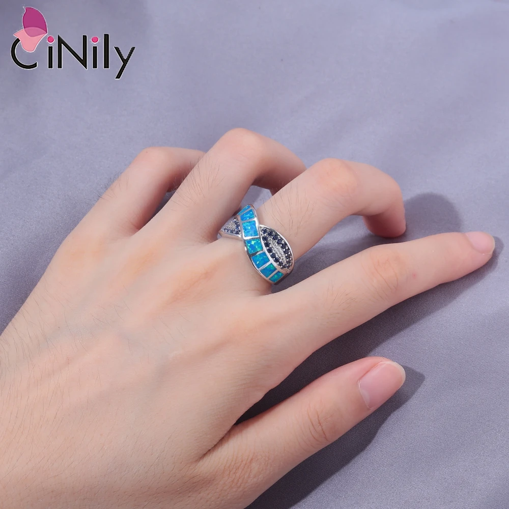 CiNily Created Blue Fire Opal Rings Silver Plated Simple Wide Wedding Hollow Ring Fashion Jewelry for Women Female Ring Size 6-9