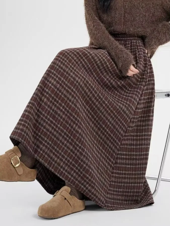 Jupe en laine à carreaux taille haute pour femme, mi-longue, ligne a, Vintage, décontractée, féerique, nouvelle collection automne hiver