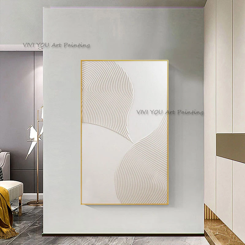 Handcrafted Minimalist Relief Oil Painting, Heavy Palette Knife Wavy Line Pure White Tall Canvas Modern Cream Interior Artwork