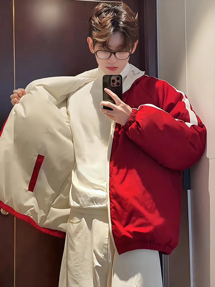 

Double-Sided Wear ort down Cotton Jaet Men's Winter Thi American Sle Bread Coat Stand Collar Couple's Warm Outerwear