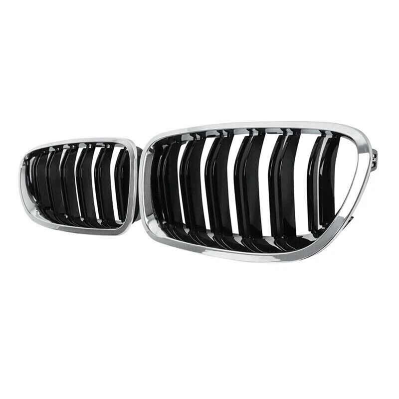 

2X Car Chrome+Glossy Black Dual Slats Front Kidney Grille Grill For BMW F10/ F11 M5 535I 550I 528I 4-Door 2010-2017