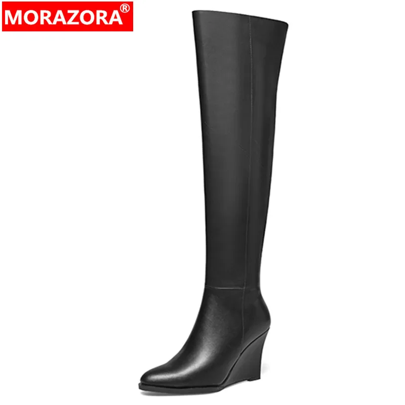 

MORAZORA 2024 New Genuine Leather Over The Knee Boots Fashion Zipper Dress Shoes Women Wedges High Heels Spring Boots