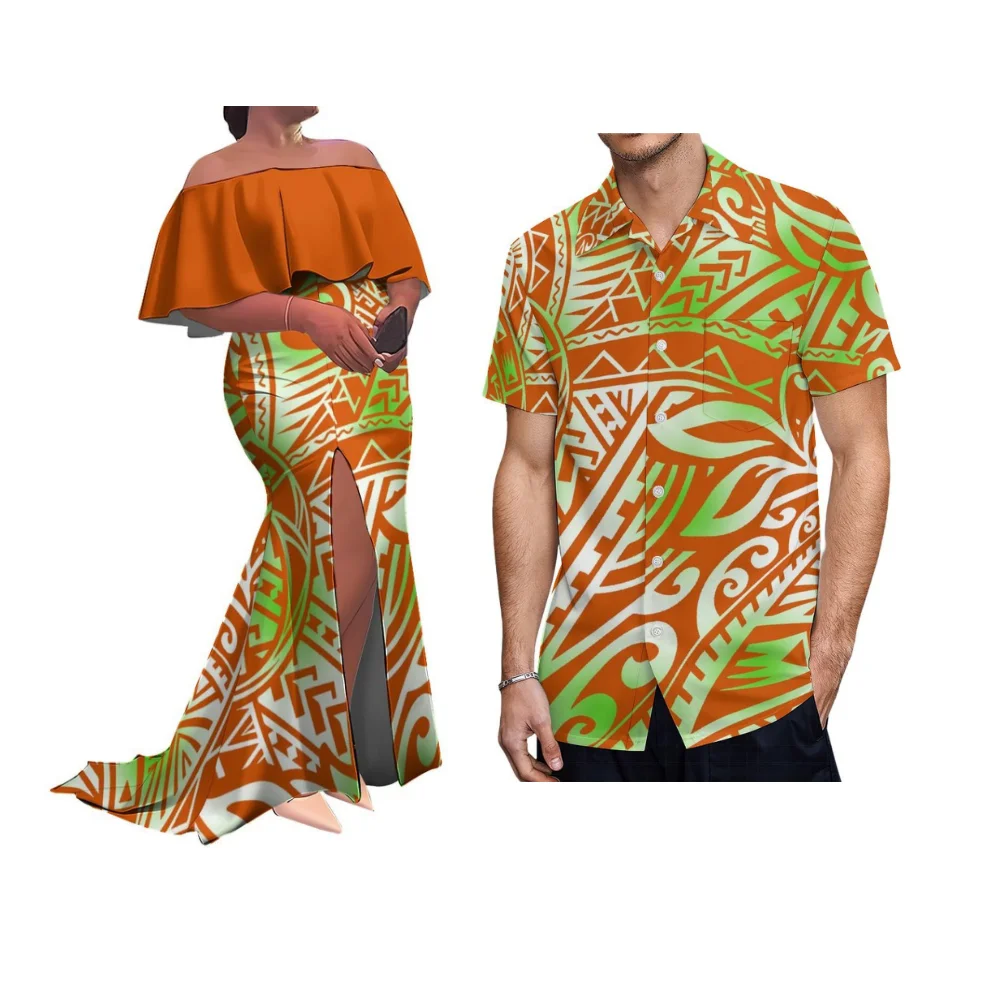 

Длинное платье с принтом в виде листьев, с вырезом халтер, приталенное, с разрезом, в пол, с возможностью индивидуального заказа; парный комплект: мужская полинезийская рубашка с принтом