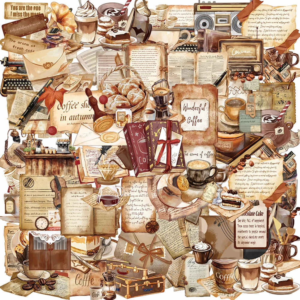 10/30/50pcs Transparent Vintage Coffee Letter Theme Graffiti Stickers Aesthetic Retro Art Decals DIY Notebook Guitar PET Sticker