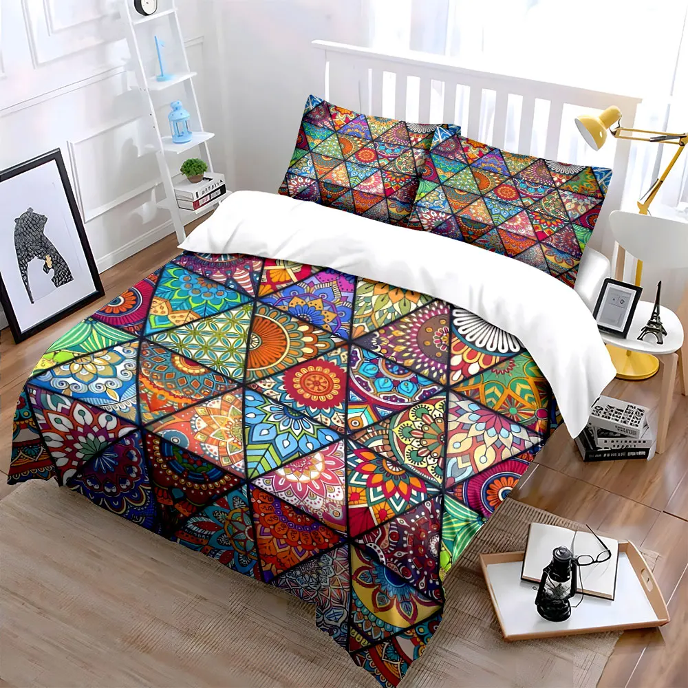 Colorful Mandala Triangle Art Decor Soft Skin-Friendly Bedding Set Includes 1 Duvet Cover And 2 Pillowcase, Gift