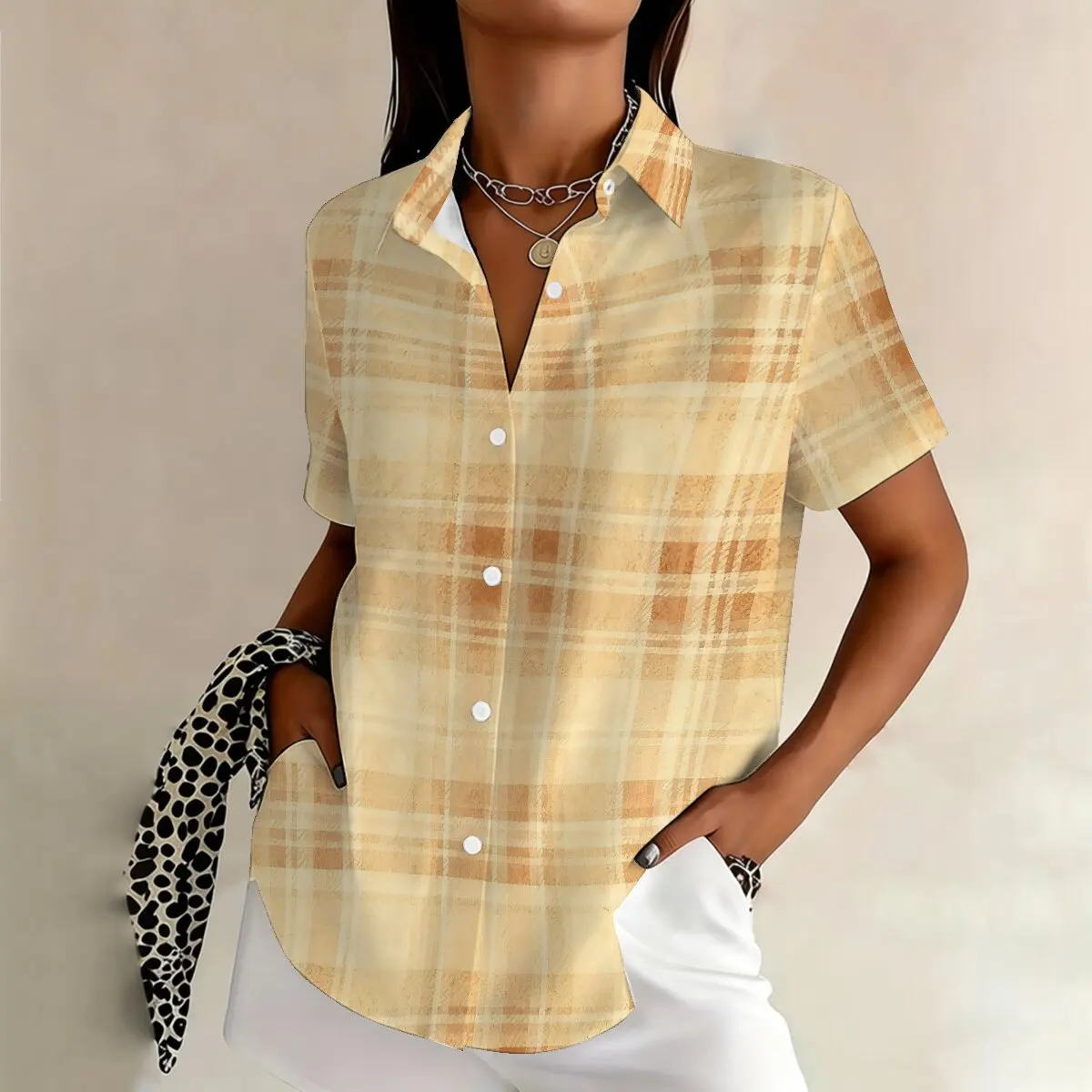 

Personalized minimalist ink dyed checkered print summer women's plus size lapel short sleeved shirt fashionable versatile top