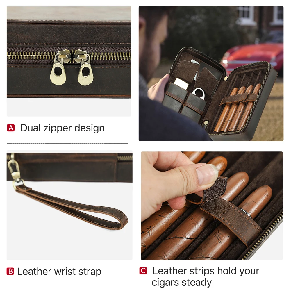 CONTACTS FAMILY Genuine Leather Cigar Travel Case Holder Men With Lighter Cutter Pocket Humidor Box Cigar Accessories Gift Set