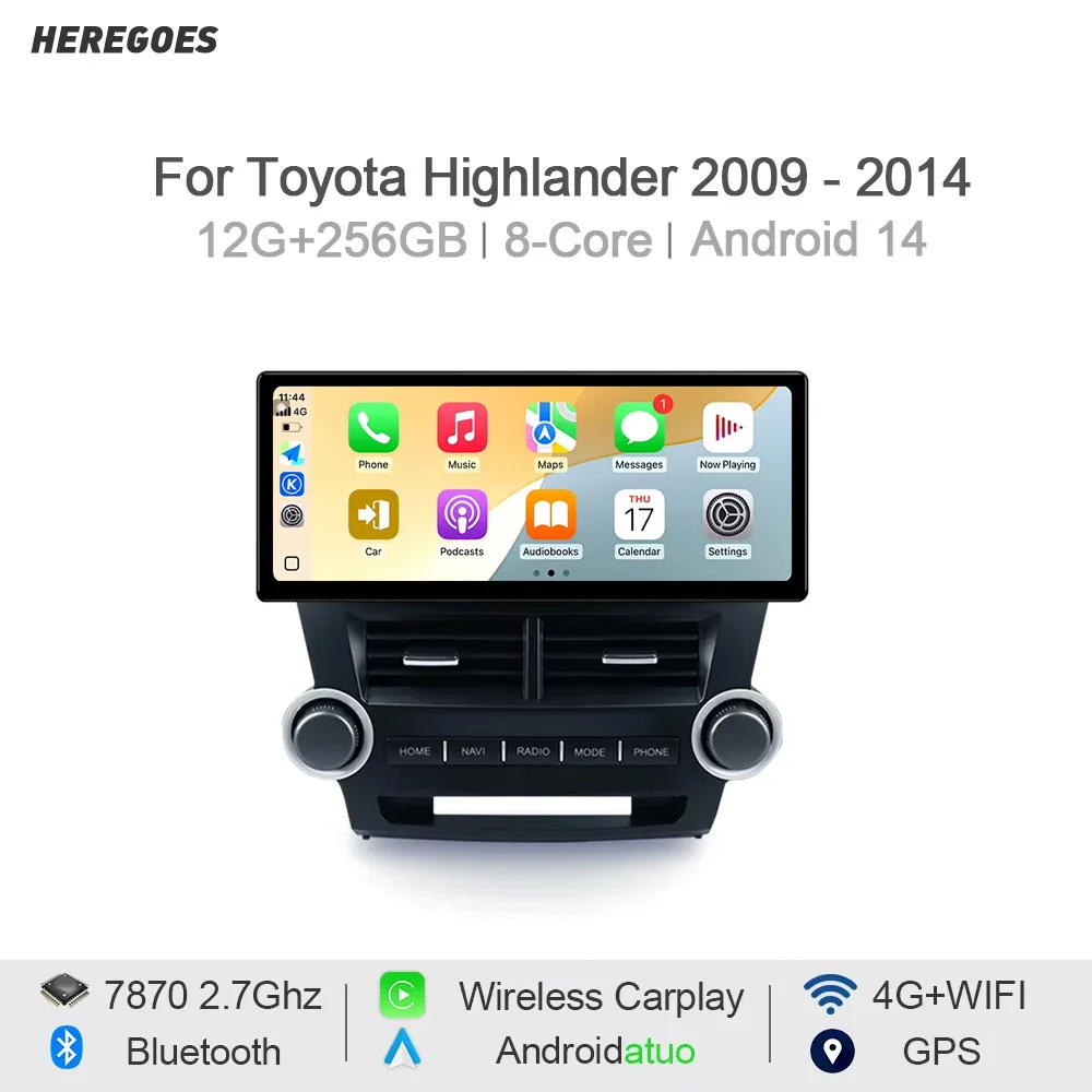 

Автомобильный плеер Carplay Auto Android 14, GPS-навигация, 12 + 256 ГБ, стерео Wi-Fi, Bluetooth, автомобильное радио для Toyota Highlander 2009-2014