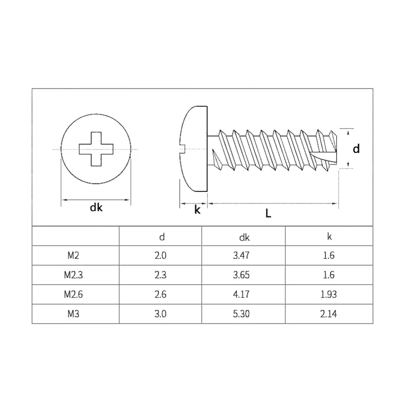 20~50Pcs 304 Stainless Steel Phillips Round Head Cutting Tail Self Tapping Screw M2 M2.3 M2.6 M3 M3.5 M4 Cross Recess Screws