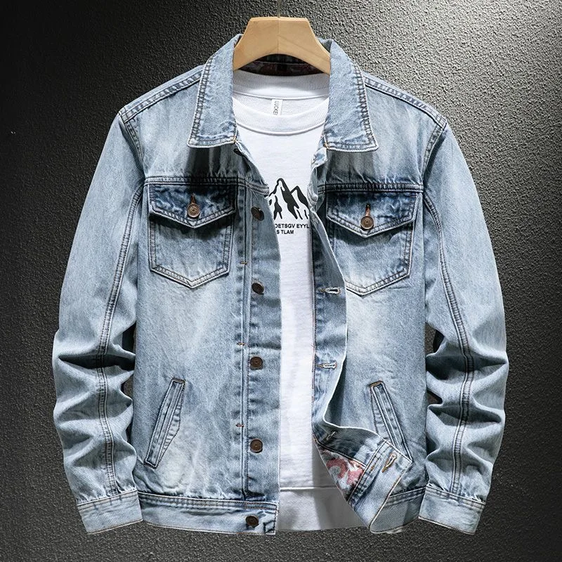 

Autumn and Spring Fashion Solid Color Retro Sports Motorcycle Denim Jacket Men's Loose Comfortable Plus Size High-End Outerwear