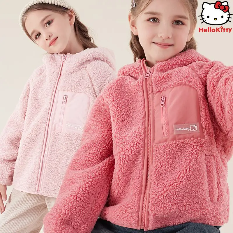 

Бархатная куртка Sanrio для девочек «Hello Kitty», осенне-зимнее бархатное пальто с рисунком ягненка в стиле аниме, детский утепленный зимний свитер, верхняя одежда