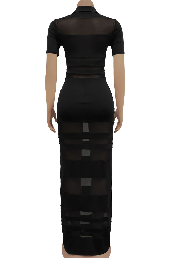 Kricessen nuevo Chic Turn-Down Collars ahueca hacia fuera la malla transparente Patchwork Vestidos largos Vestidos de fiesta elegantes Vestidos de noche vestido