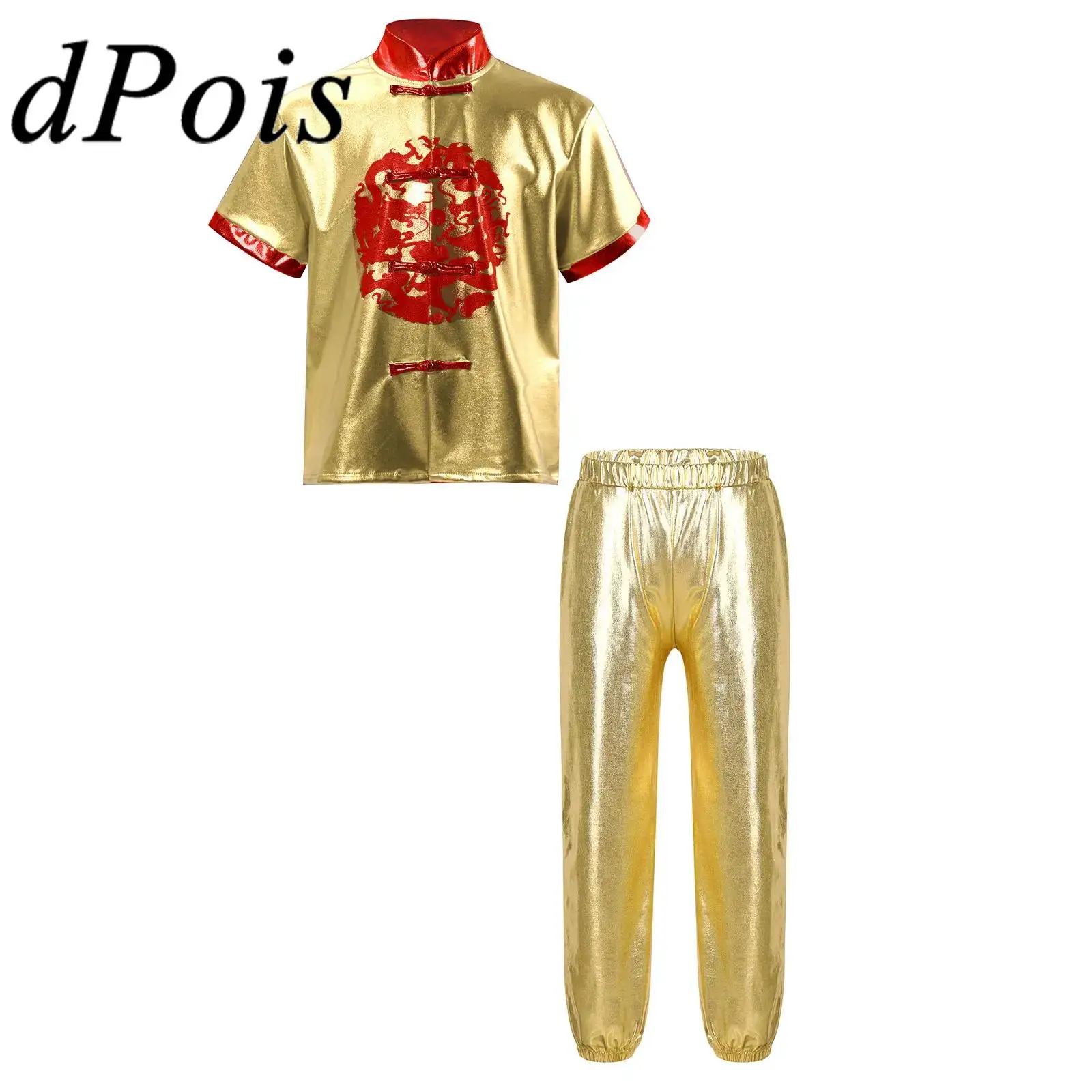 

Kids Girls Boy Tang Suit Chinese Traditional Clothes Sets Dragon Printed Metallic Tops Pants for New Year Party Kungfu Clothing