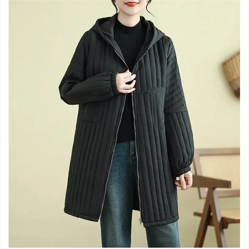 Autumn New Big Pocket Solid Color Padded Hooded Fashion Coat Plus Size Women's Joker Long Light Thin Cotton-Padded Coat