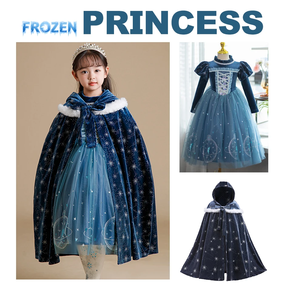 

Winter Frozen Princess Elsa Clothes Gilr Blue Velvet Dress Kids Snow Queen Performance Fantasy Princess Evening Halloween Costum