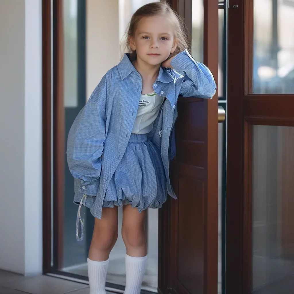 

Girls Outfit Set 2025 Spring Summer Stylish Blue Long Sleeves Shirt Floral Bubble Skirt Two-piece Trendy Teens Kids Clothes 8 Y