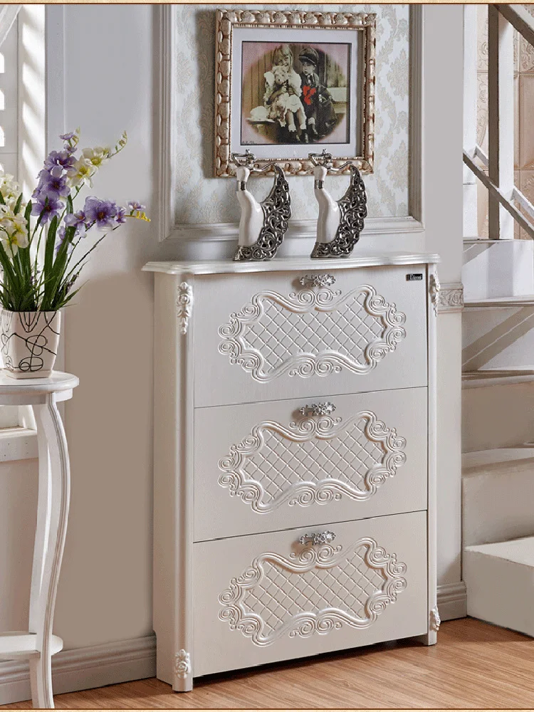 

European ultra-thin tipping bucket shoe cabinet, simple and modern white engraving into the door, household entrance entrance fo