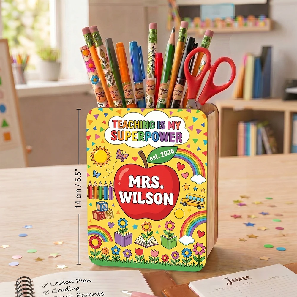 Custom Name  Pencil Holder,Personalized Wooden Desk Caddy,Teacher Thank You Gift,First Day Of School,Office Stationery Container