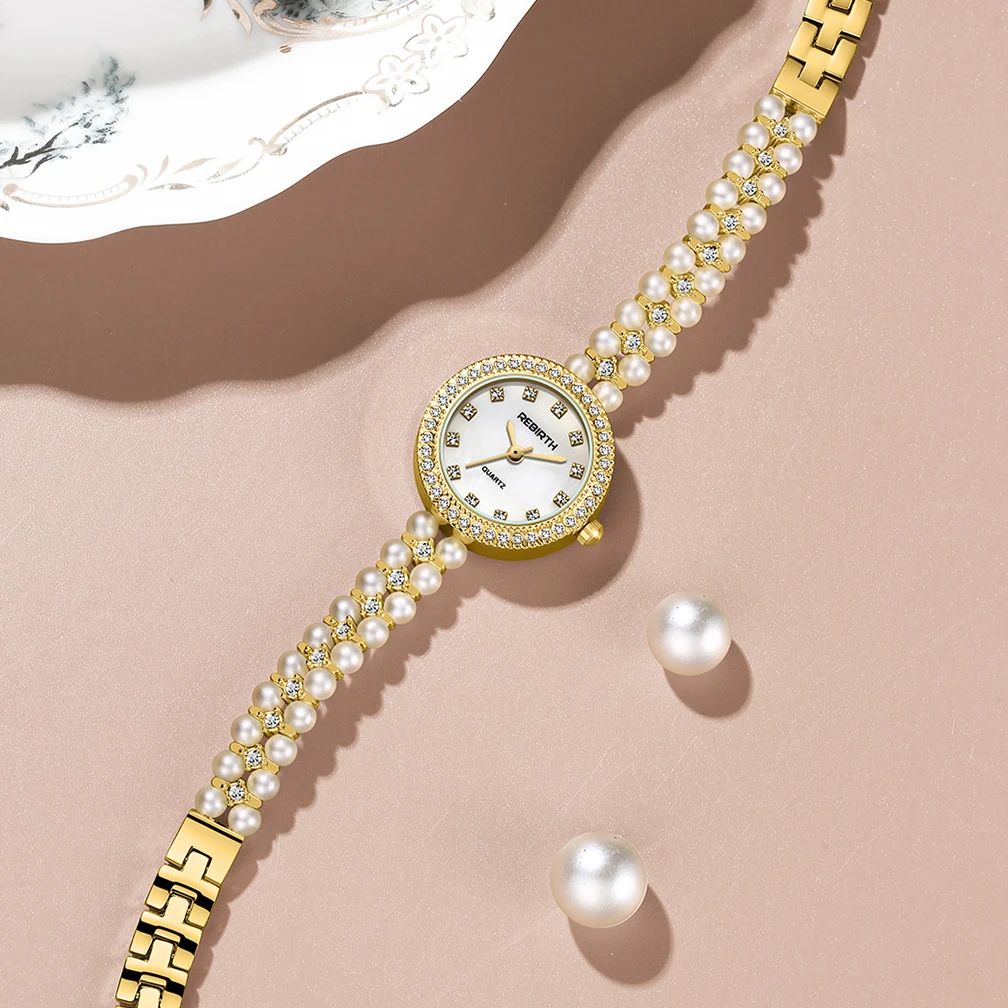 ساعة سوار فاخرة جديدة مرصعة باللؤلؤ، ساعة كوارتز نسائية عصرية صغيرة الحجم