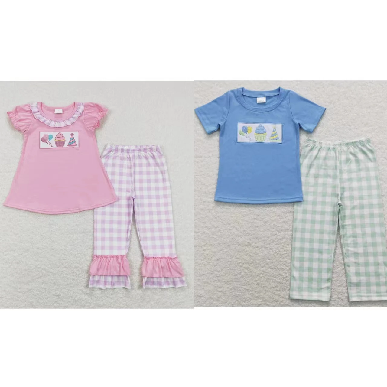 

Toddler Short Sleeves Embroidery Shirt Tops Children Plaid Pants Baby Boy Girl Set Pajamas Infant Kids Birthday Sleepwear Outfit