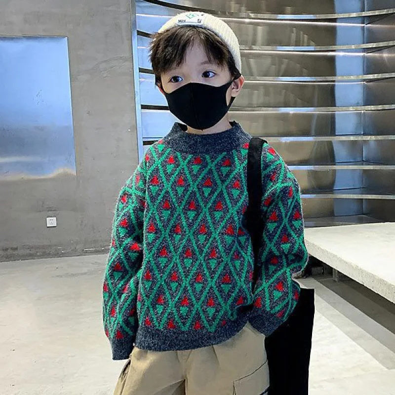 Autumn Winter Junior Boys Sweater Cotton Thick Velvet Warm Baby Boys Pullovers 3-12 Years Boy Teenage Contrast Argyle Undershirt