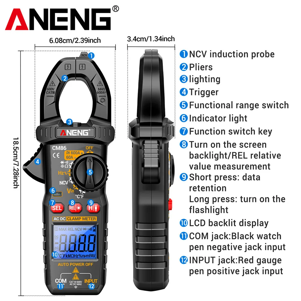 ANENG CM86 클램프 미터 600A AC/DC 전류 전압 다이오드 디지털 멀티 미터 NCV 전압 감지 전문 전기 도구