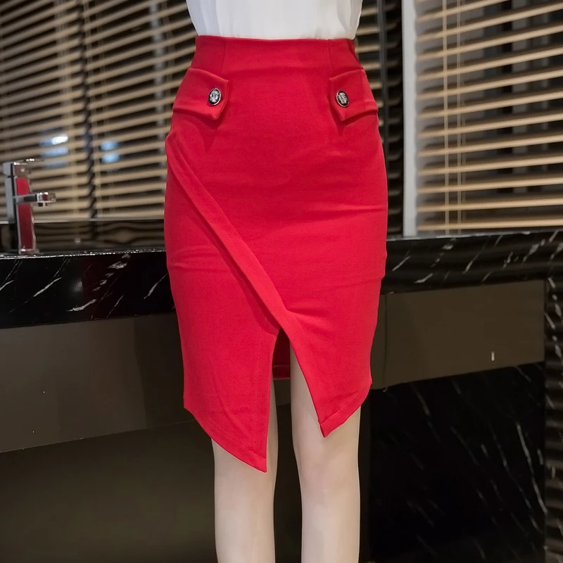 

New female irregular self-cultivation button hip professional high waist front fork bag hip skirt