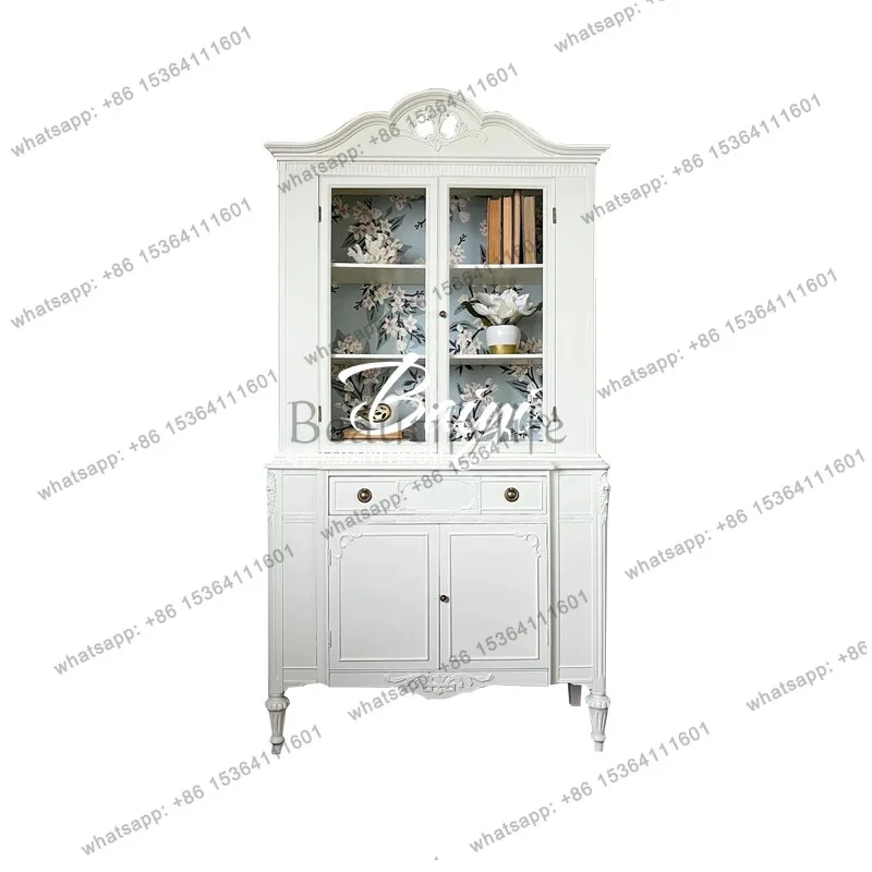 

French solid wood cream white carved high cabinet living room against the wall European locker