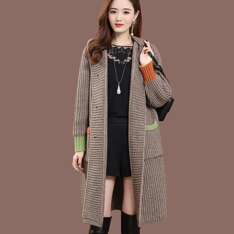 Fat mm Knitted Cardigan Medium length Women 2023 Autumn/Winter New Thick Thread Coat Female Hooded Overlay Sweater Coat Outwear