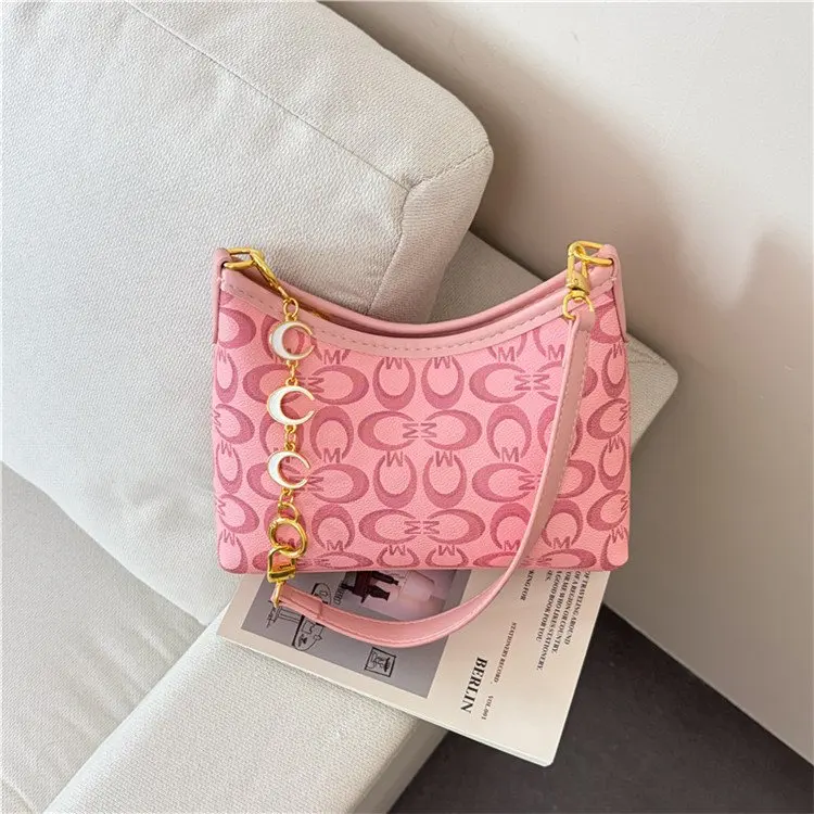 

2026 New Vintage Crescent Underarm Bag for Women Monogram Print Metal Ring Chain Versatile Shoulder Crossbody Bag