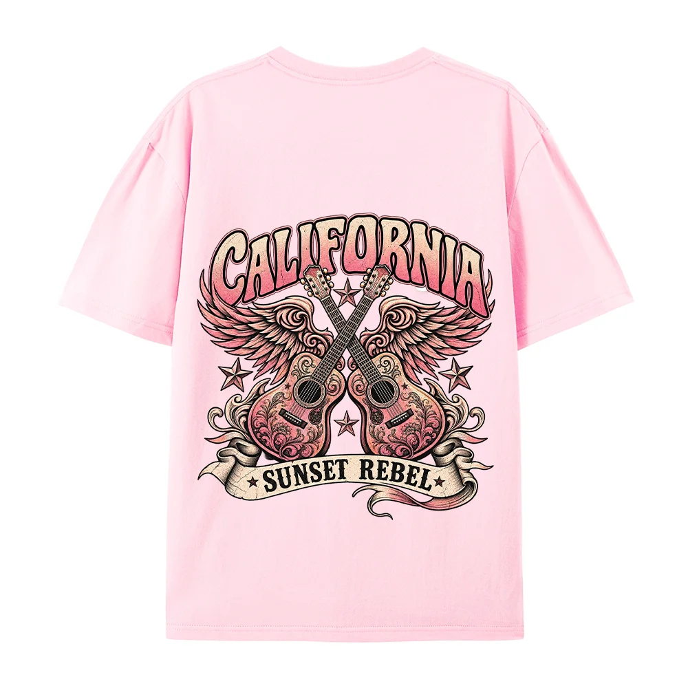 Vintage California Sunset Rebel T Shirt Pink Rock Guitar Graphic Tees Black Oversized Loose Cotton Short Sleeve Tops Women Y2K