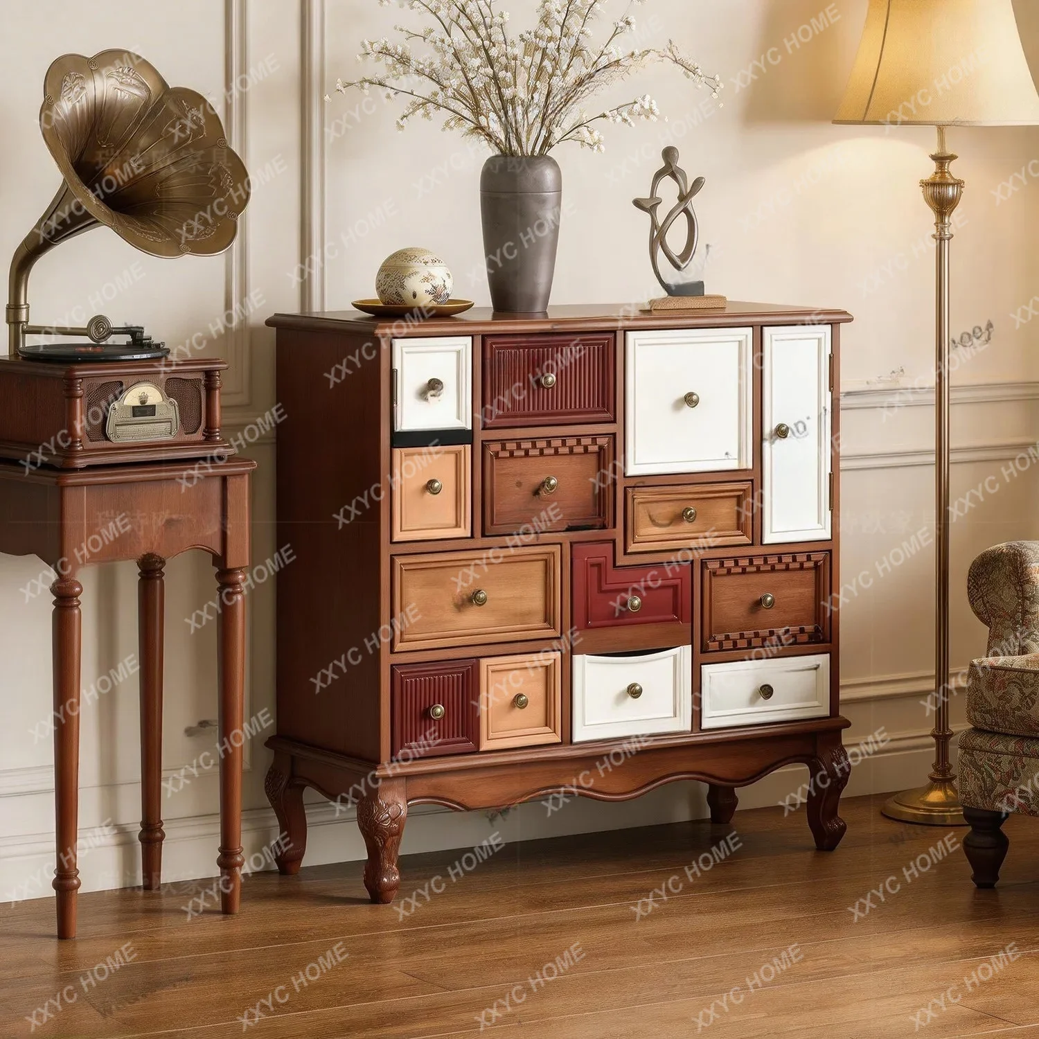 L rural neoclassical multi-chest cabinet, bedside porch, foyer partition