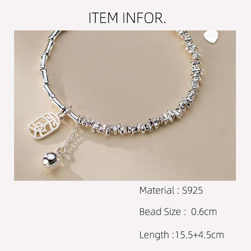 La Monada 15+4.5cm Elegant 925 Shattered Silver Bracelet Bamboo Inspired Knot Bell Adjustable Comfort For Women's Daily Elegance