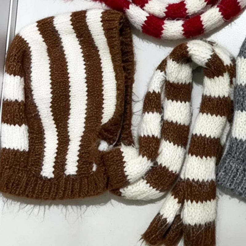 Koreanische Gestreifte Gestrickte Pullover-Bombermütze Winter Warmer Ohrenschutz Schal Integrierter Nackenschutz Sturmhaube für Damen – Detail 6