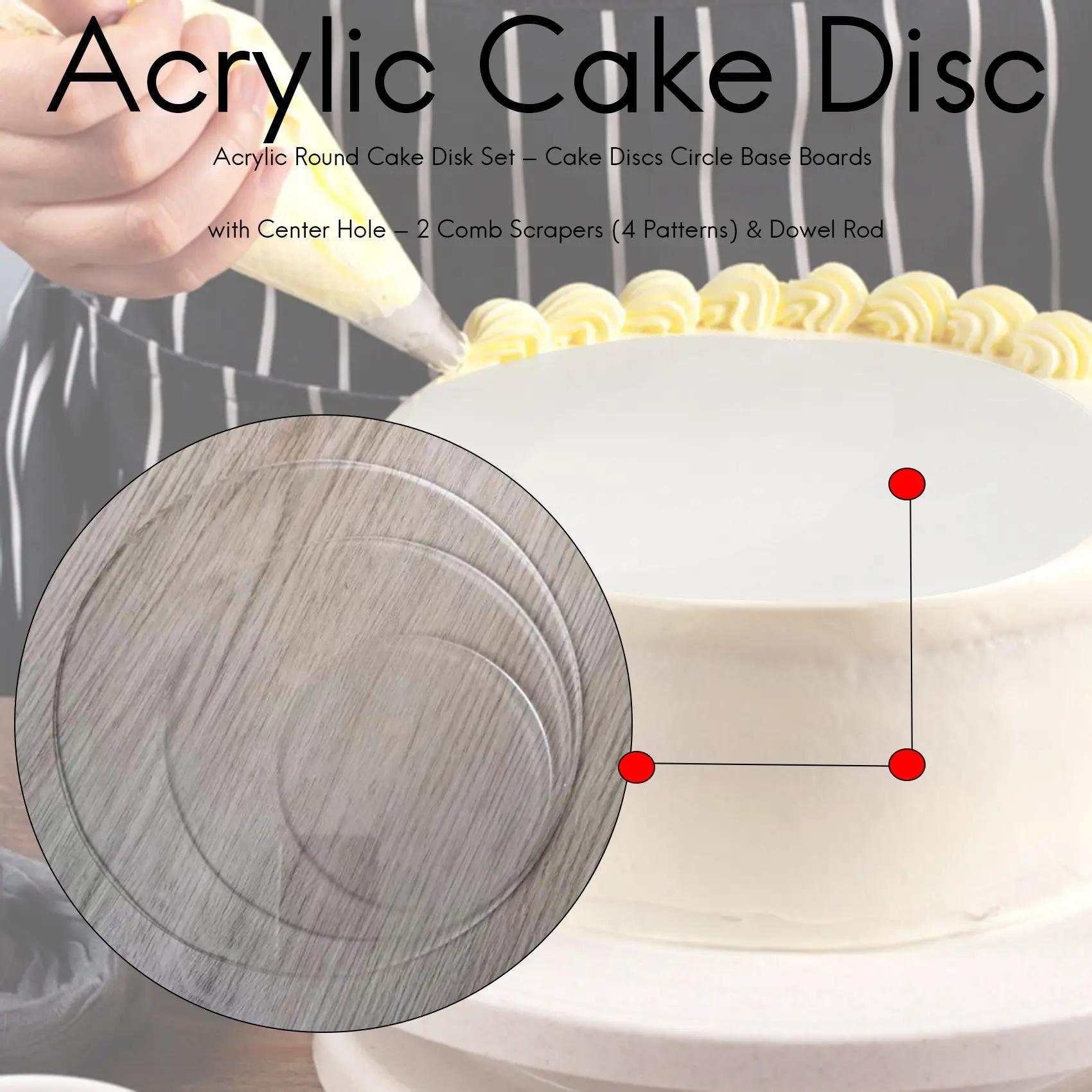 

J1UL1N Acrylic Round Cake Disk Set - Cake Discs Circle Base Boards With Center Hole - 2 Comb Scrapers (4 Patterns) & Dowel Rod